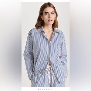 DONNI Pop Button Down in Navy Stripe